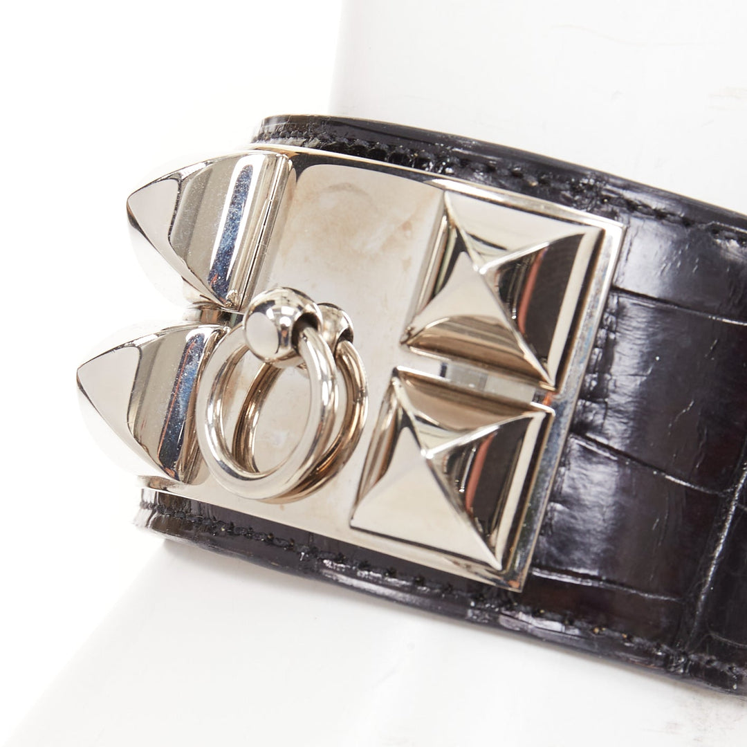 HERMES Collier de Chien CDC black glossy scaled leather palladium cuff bracelet