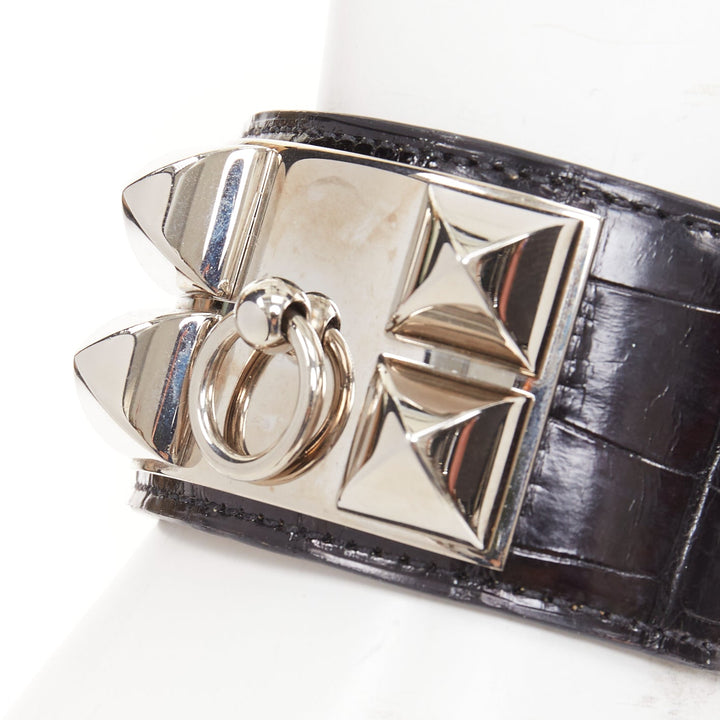 HERMES Collier de Chien CDC black glossy scaled leather palladium cuff bracelet