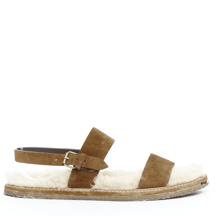 SAINT LAURENT Joan Noe tan leather cream shearling lined sandals EU38