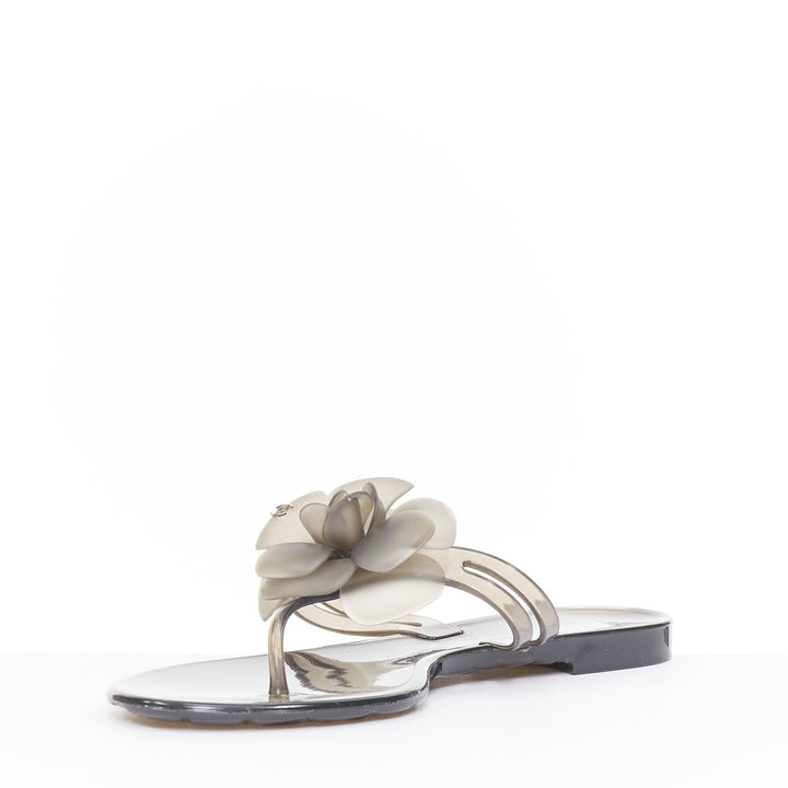 CHANEL gray clear Camellia flower open toe rubber thong flat jelly sandals EU38