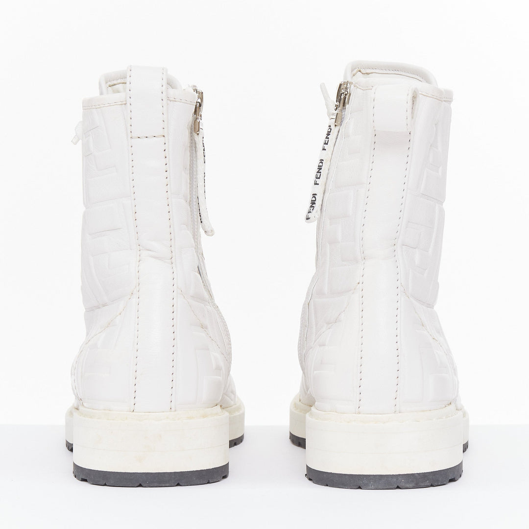 FENDI 2019 Nappa FF Embossed Karligraphy white leather lace combat boots EU38.5