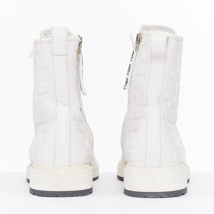 FENDI 2019 Nappa FF Embossed Karligraphy white leather lace combat boots EU38.5