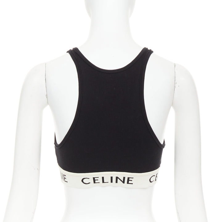 CELINE black cotton blend cream ribbed logo round neck bra top S Lisa Blackpink