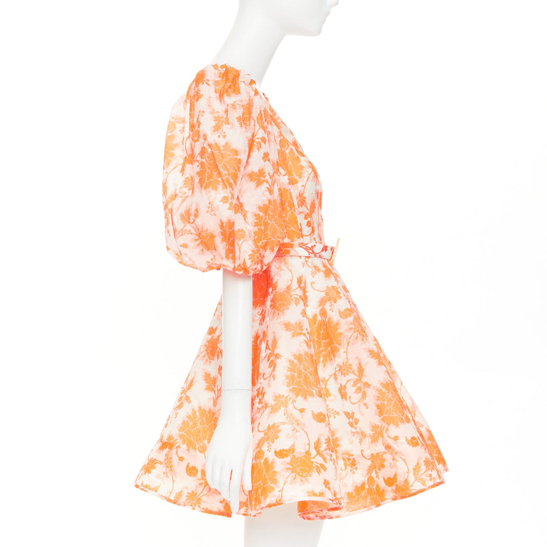 ZIMMERMANN Postcard orange floral linen silk puff sleeve flare mini dress Sz0 XS