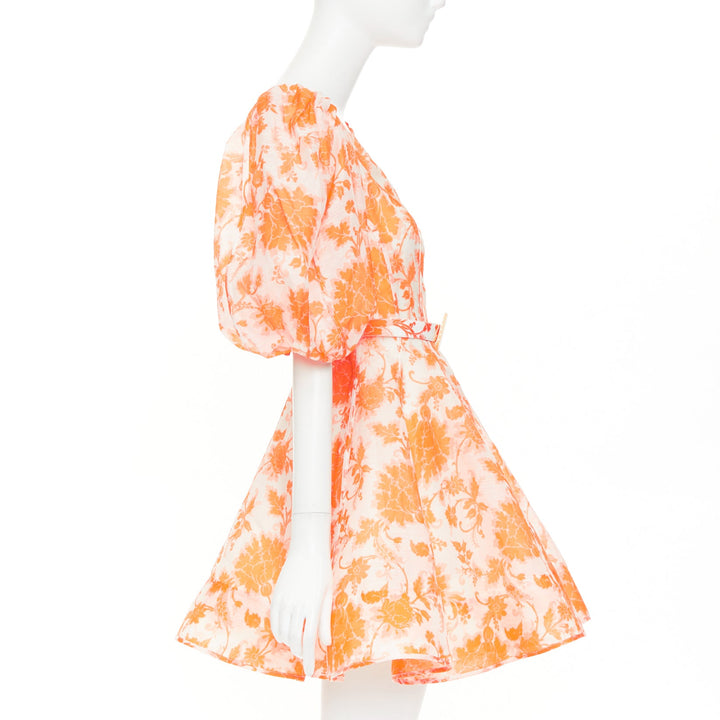 ZIMMERMANN Postcard orange floral linen silk puff sleeve flare mini dress Sz0 XS