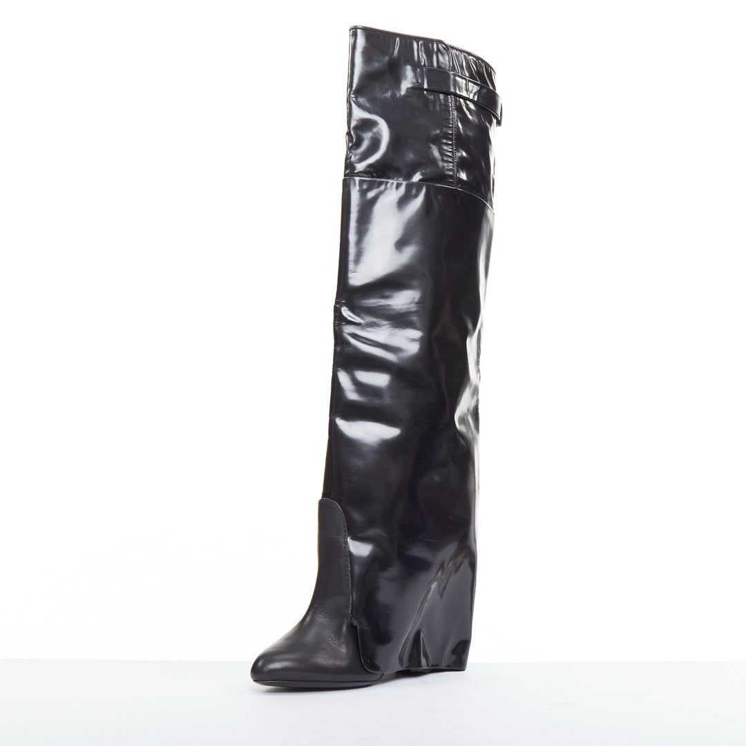 GIVENCHY 2012 Runway Shark Lock  black polished leather foldover boots EU40