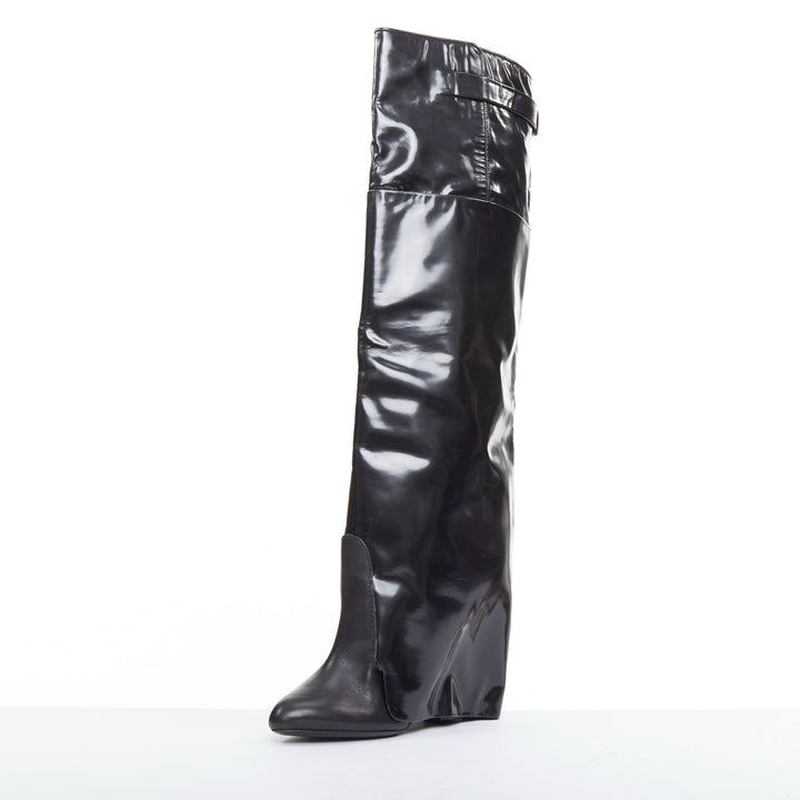GIVENCHY 2012 Runway Shark Lock  black polished leather foldover boots EU40