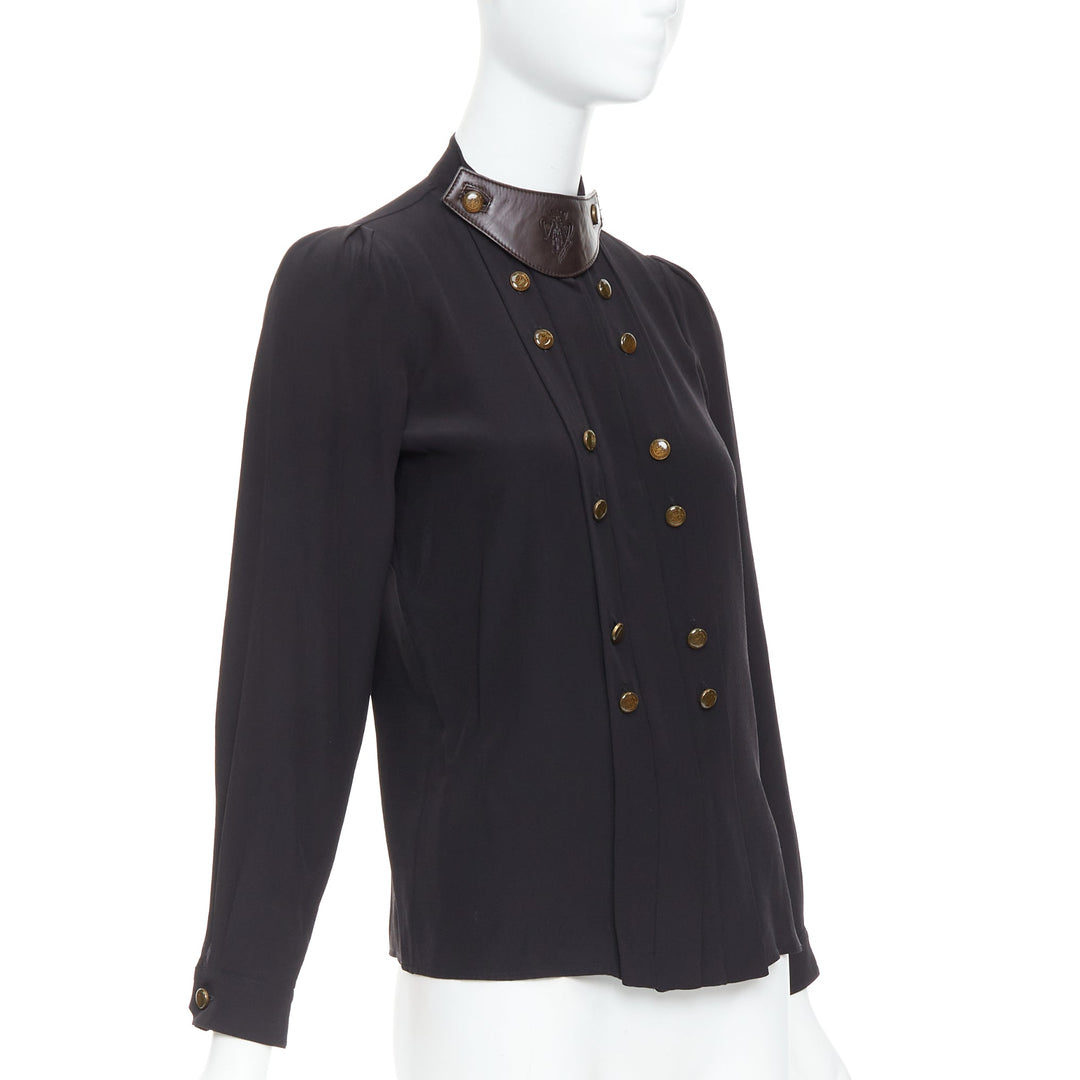 GUCCI 2008 100% silk black leather crest collar double breasted blouse IT38 XS