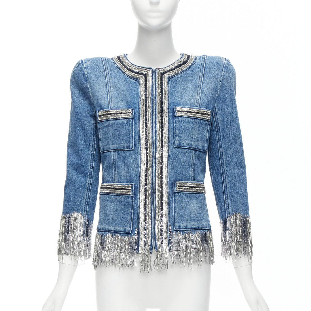 BALMAIN blue washed cotton denim silver crystal embellished trim jacket FR36 S