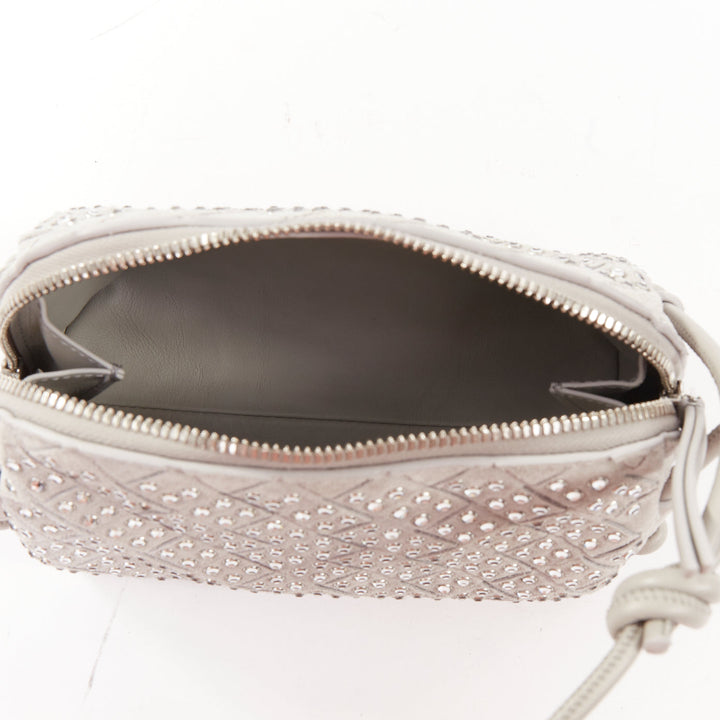 BOTTEGA VENETA 2024 Concert Pouch grey suede strass intrecciato woven bag