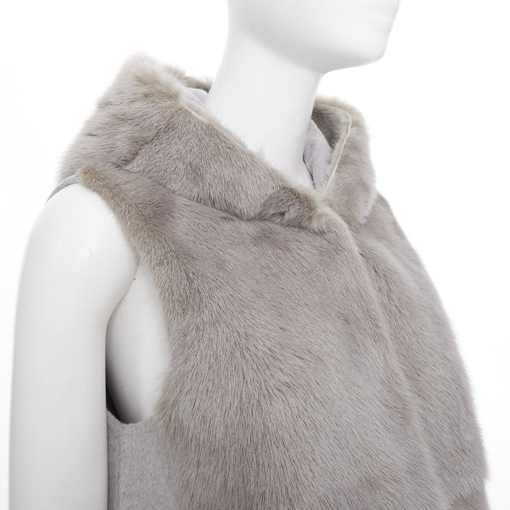RIVER SKIN grey wool blend real fur panelled hooded long line gilet vest S