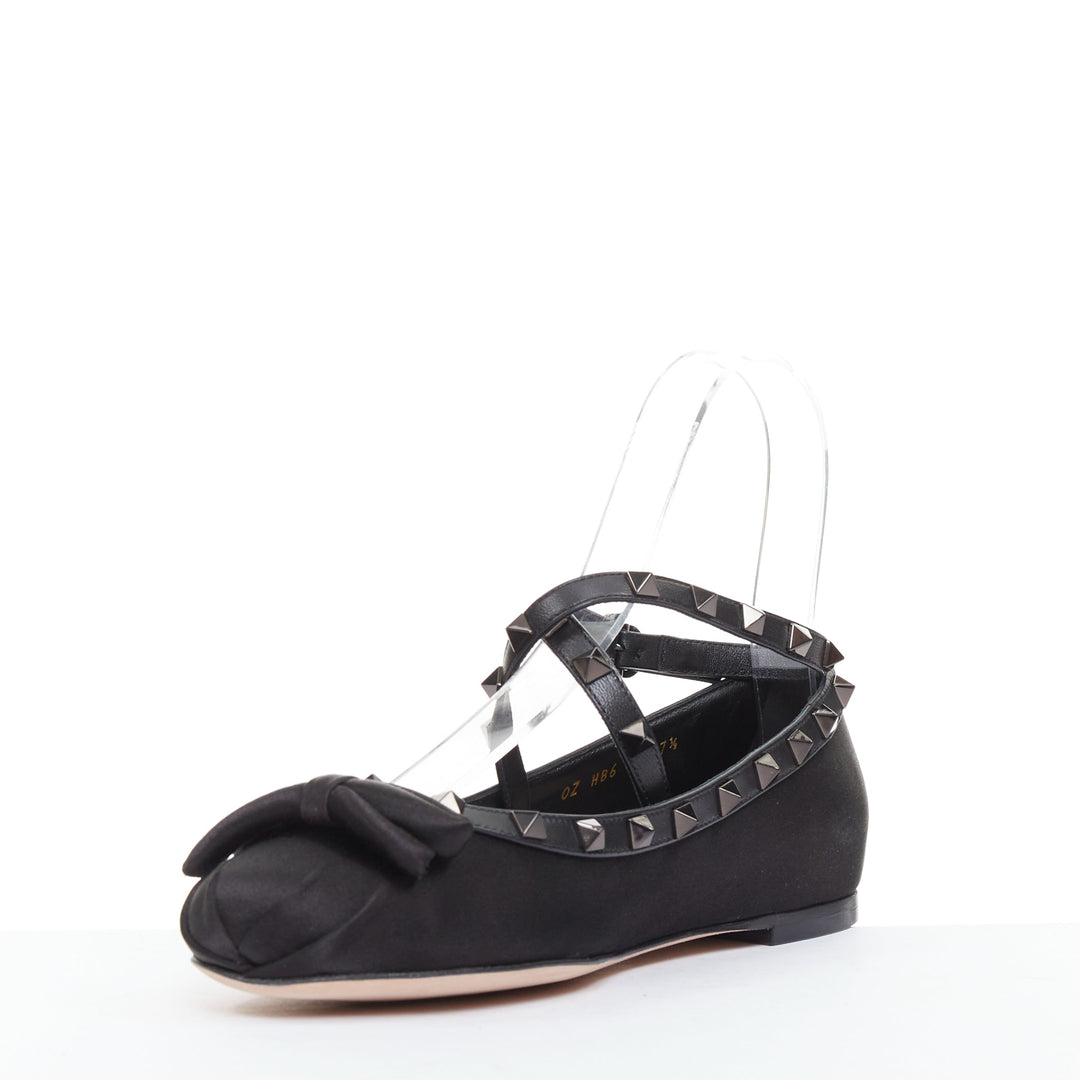 VALENTINO Rockstud nero black satin leather studded cross ballet flats EU37.5
