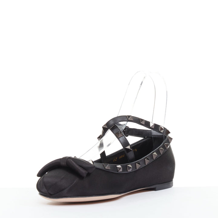 VALENTINO Rockstud nero black satin leather studded cross ballet flats EU37.5