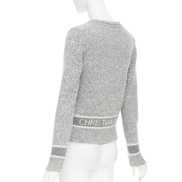 CHRISTIAN DIOR 100% cashmere light grey wool striped logo sweater FR34 XS