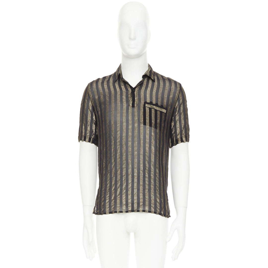 SAINT LAURENT 2019 Runway black gold metallic lurex striped sheer shirt EU38 S