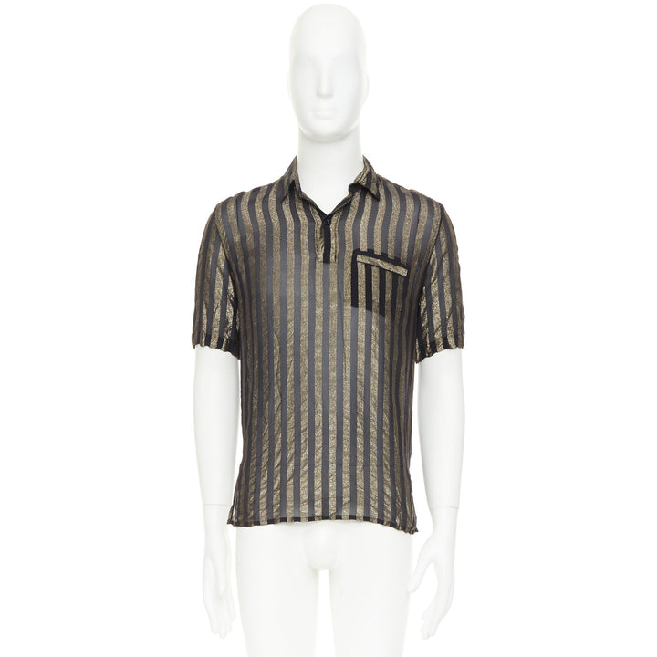 SAINT LAURENT 2019 Runway black gold metallic lurex striped sheer shirt EU38 S