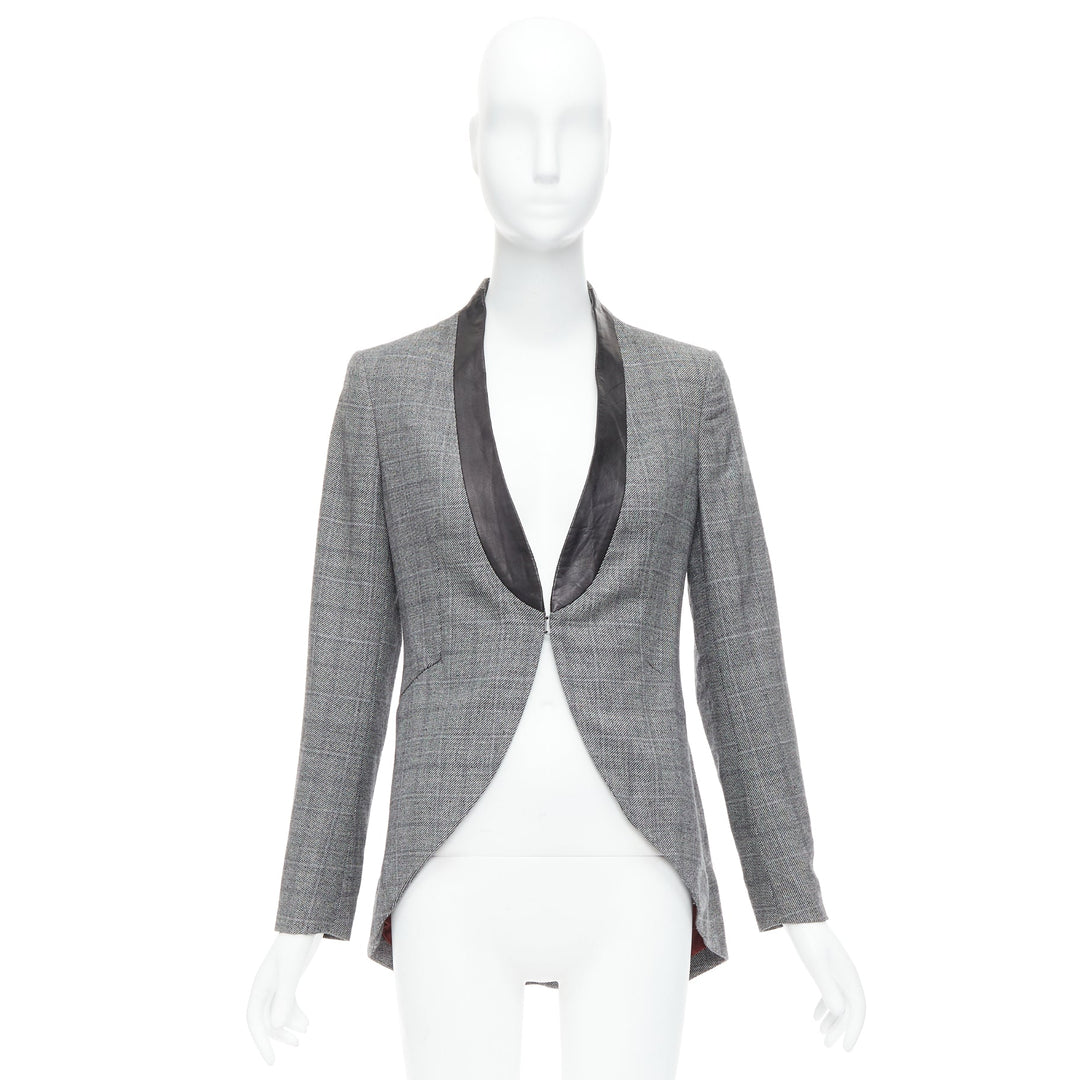 RAG & BONE grey checkered wool black leather collar tux blazer US2 S