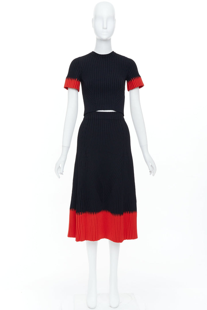 ALEXANDER MCQUEEN 2018 black red chevron bicolor rib knit crop top skirt set XS