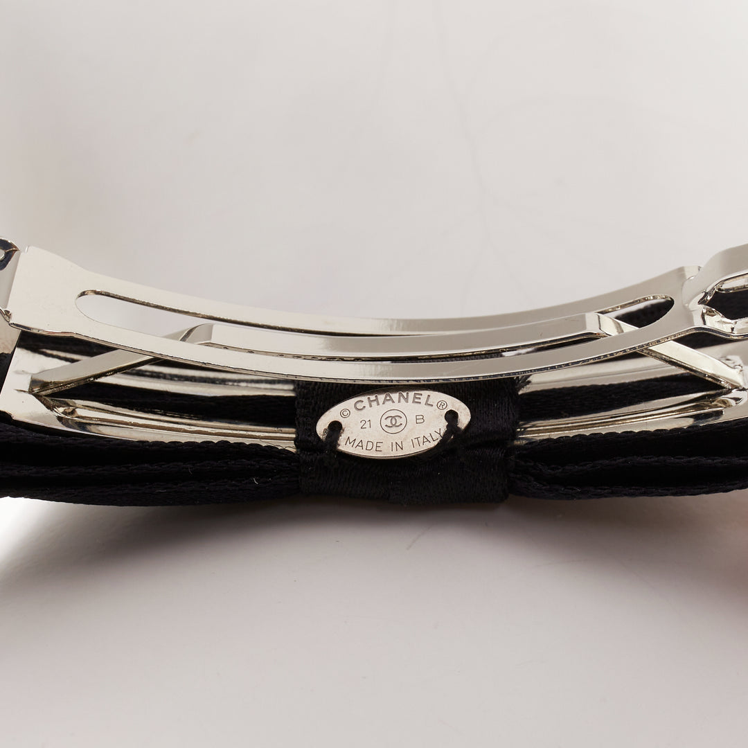 CHANEL 2021 Metiers d'Art black grosgrain silver ribbon bow hair clip barette