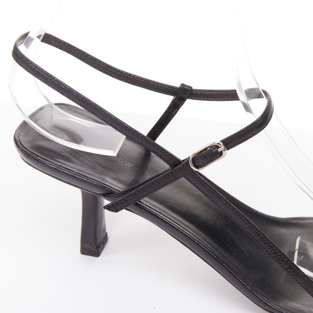 THE ROW Bare black minimalist slim straps silver buckles spool heel sandals EU36