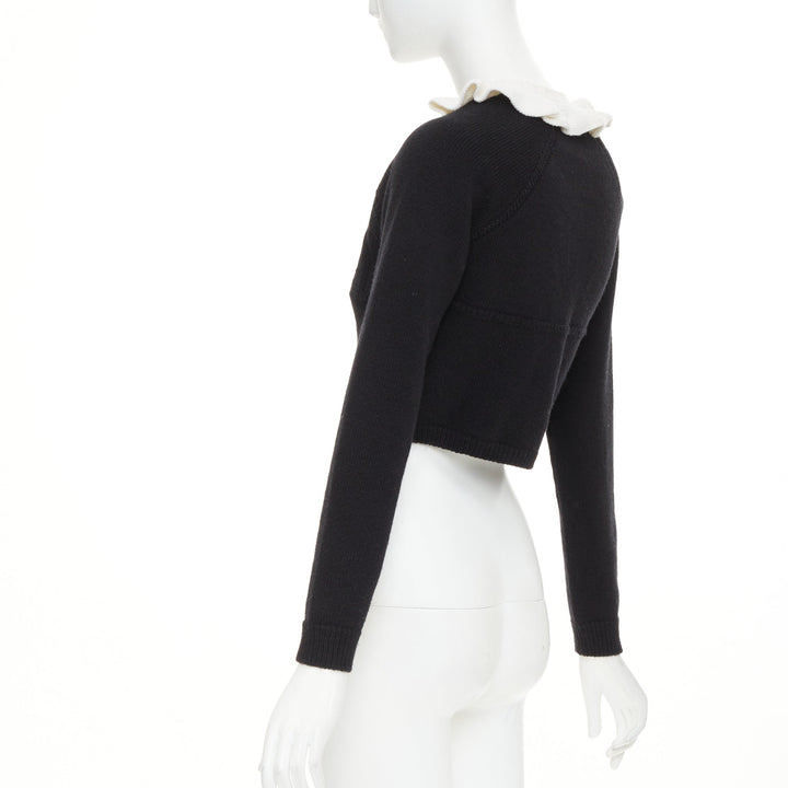LOUIS VUITTON 2026 black cream wool blend ruffle collar gold button cardigan XXS
