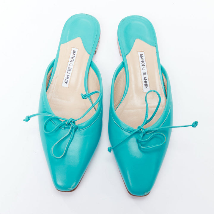 MANOLO BLAHNIK Ballerimu turquoise green leather ballet mules EU38