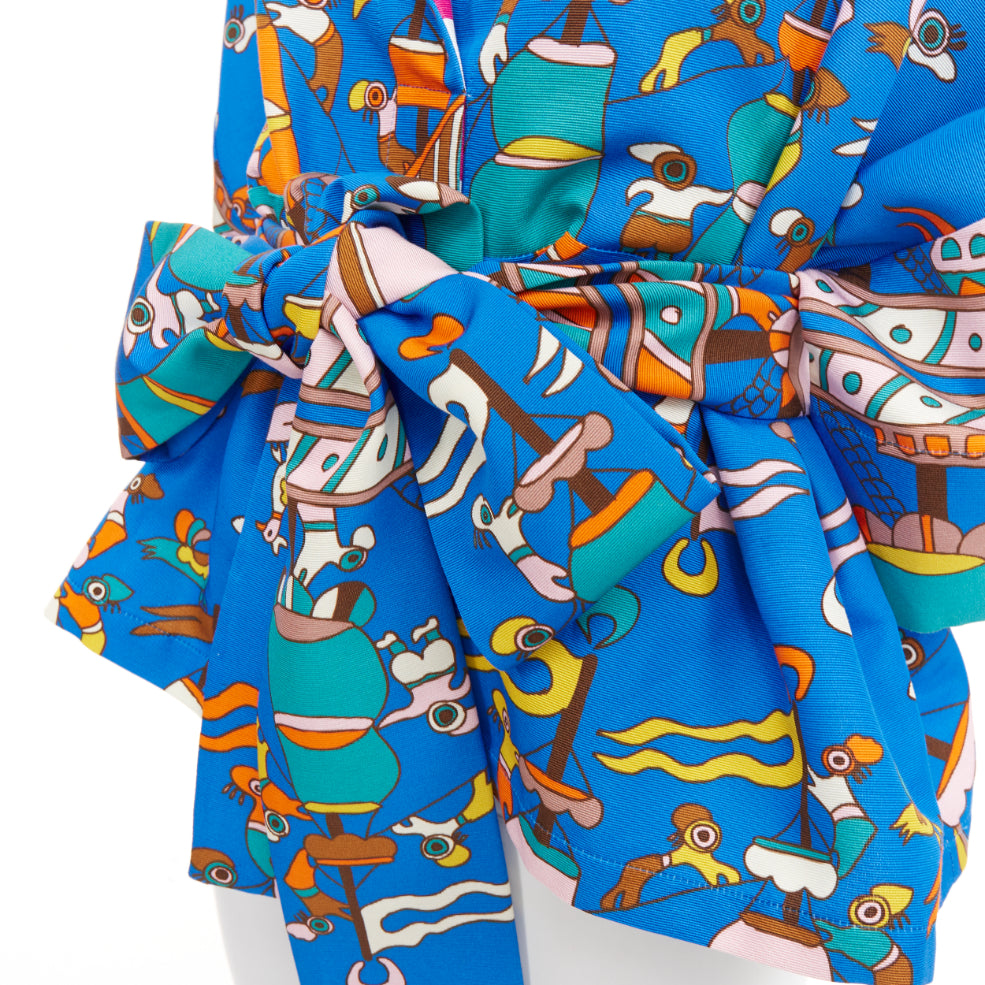 RIANNA + NINA Greek blue cotton cartoon print striped belted Kimono blouse M