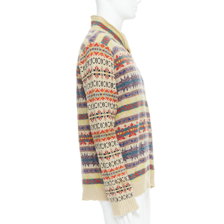 DRIES VAN NOTEN beige striped fairisle shetland wool sweater L