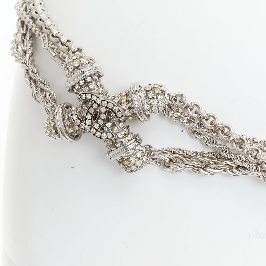 rare CHANEL 08A silver tone crystal CC logo layered multi chain charm belt
