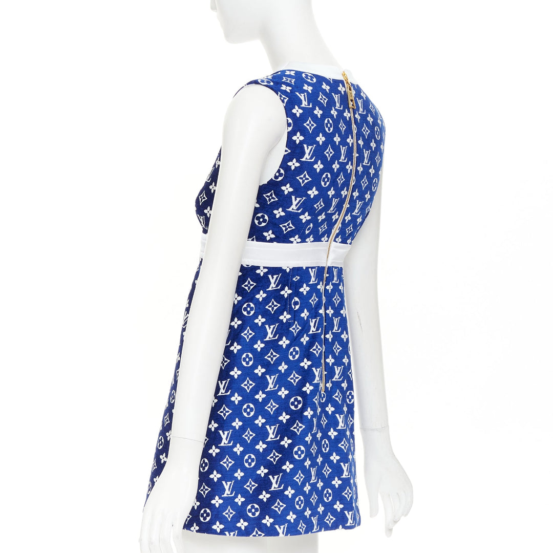 LOUIS VUITTON 2022 RW222W Blue France Monogram jacquard knit A line dress FR36 S