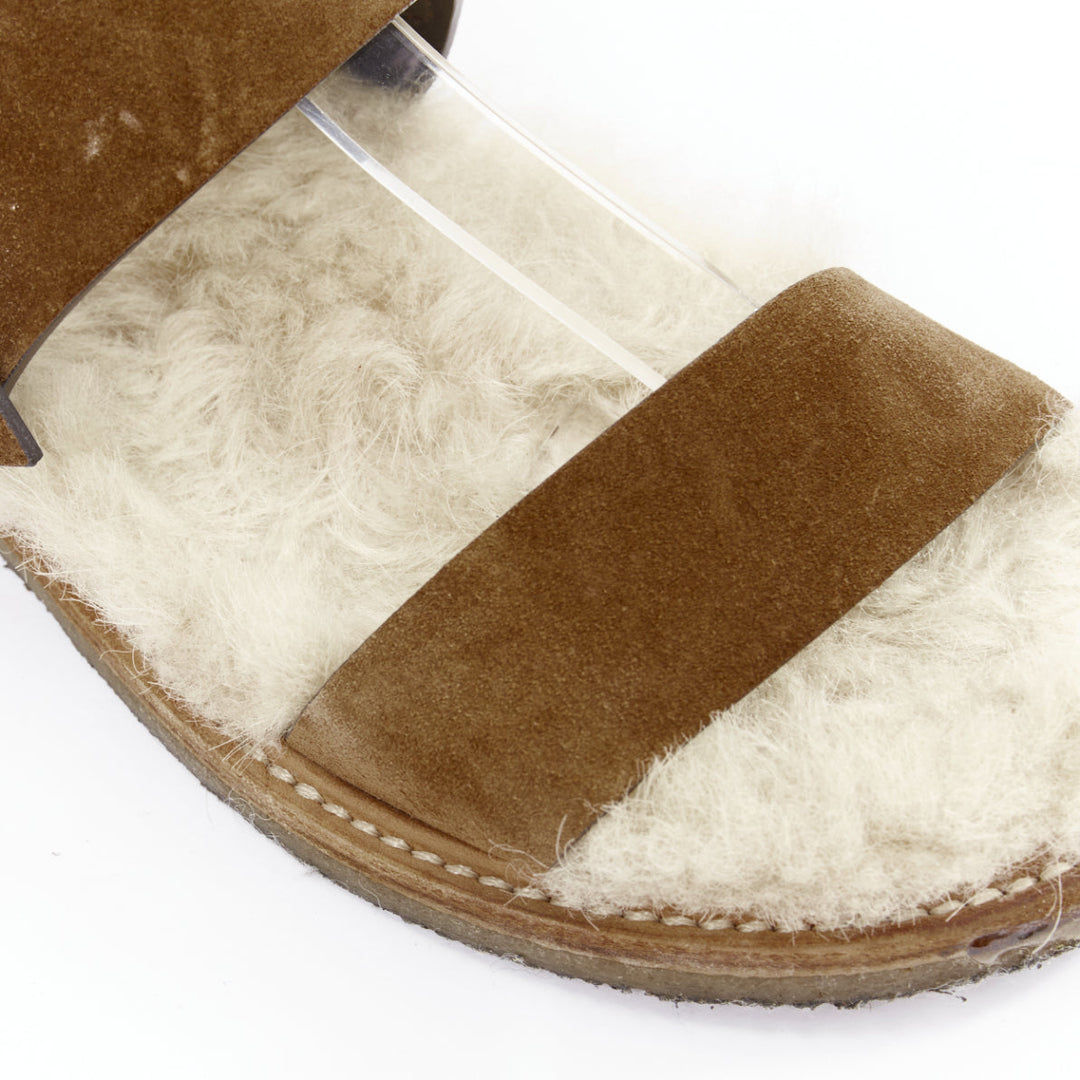 SAINT LAURENT Joan Noe tan leather cream shearling lined sandals EU38