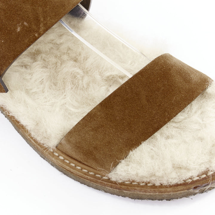 SAINT LAURENT Joan Noe tan leather cream shearling lined sandals EU38