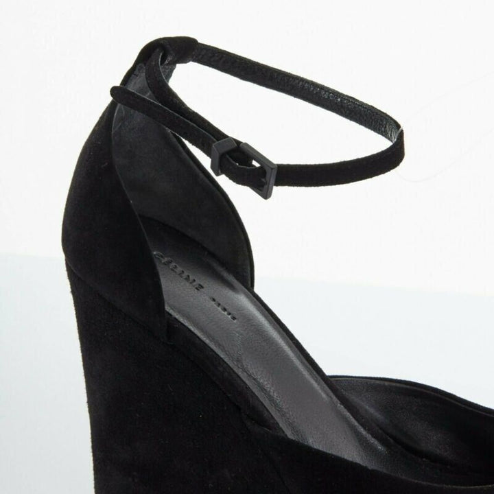 CELINE PHOEBE PHILO black suede cut out platform wedge ankle cuff heels EU36 US6