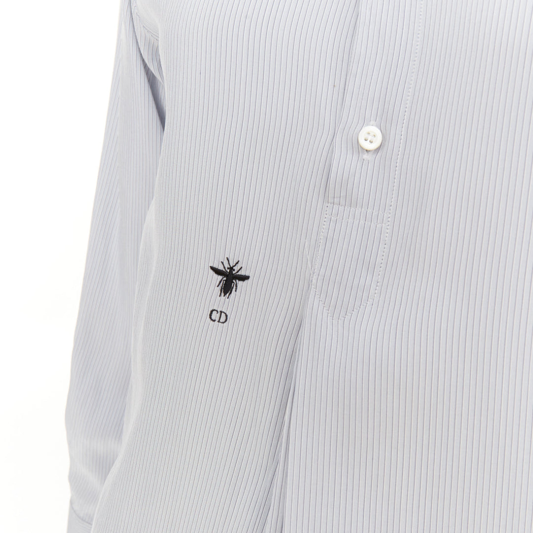 DIOR 100% silk light blue black striped bee embroidery high low shirt FR36 S
