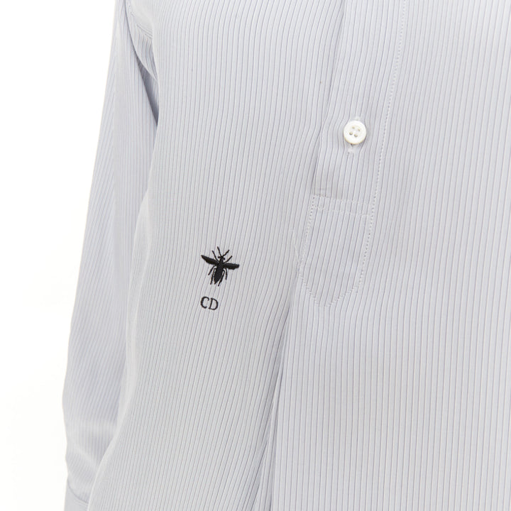 DIOR 100% silk light blue black striped bee embroidery high low shirt FR36 S