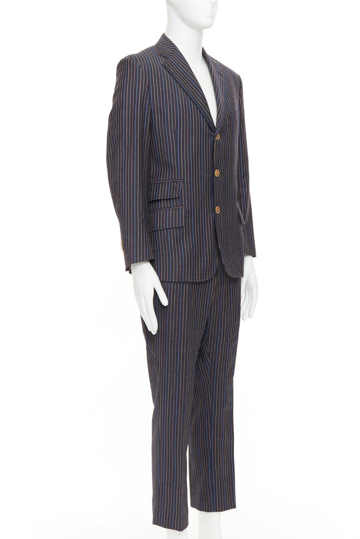 ETRO grey brown multi pinstripe single breasted cropped blazer pants set IT52 XL