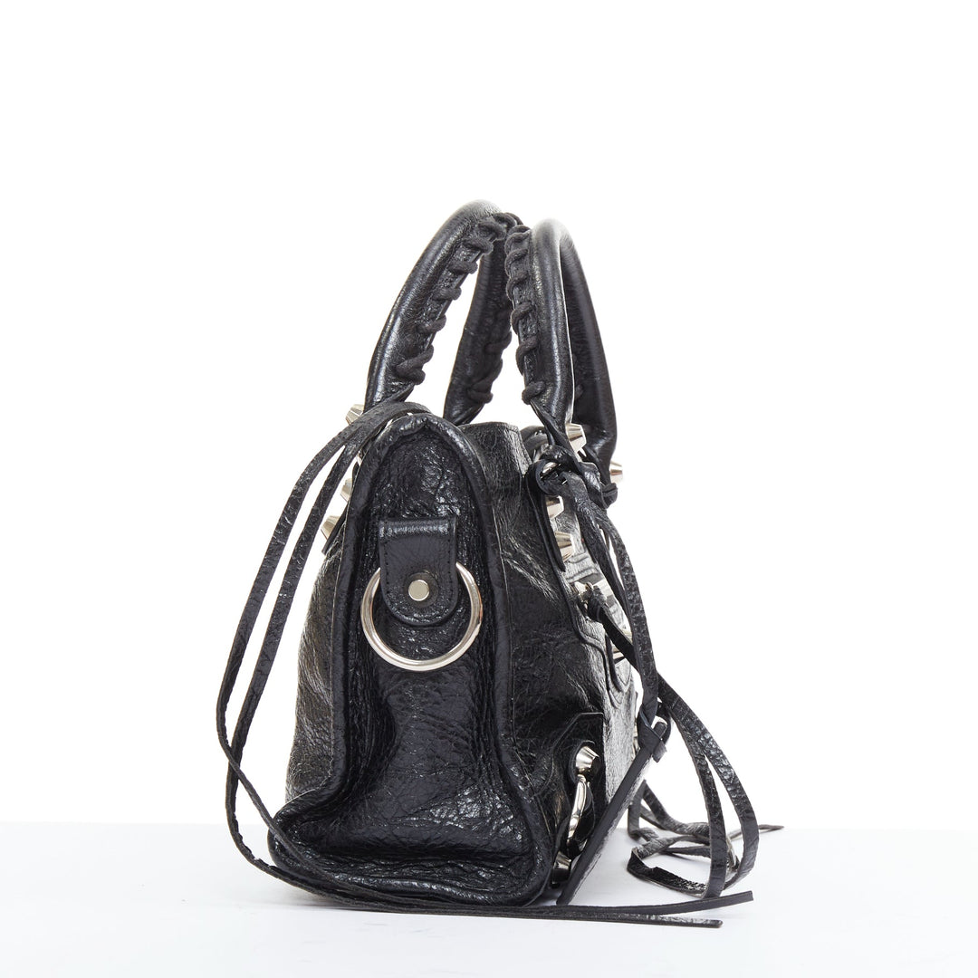 BALENCIAGA Le City Mini black crinkled leather silver hardware crossbody bag