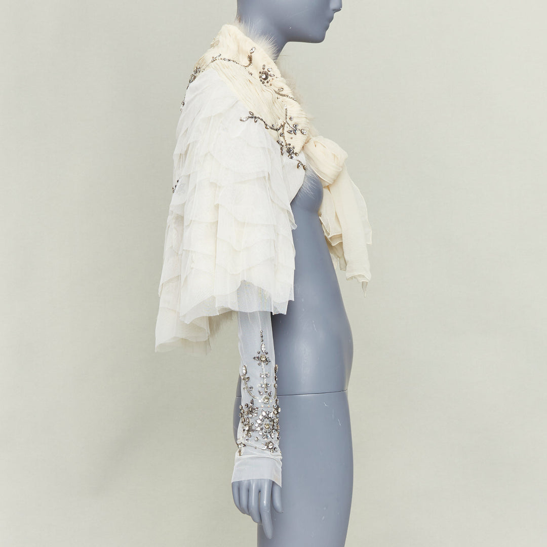 MAURIZIO PECORARO beige fur lined embellished chiffon mesh ruffle shawl IT40 S