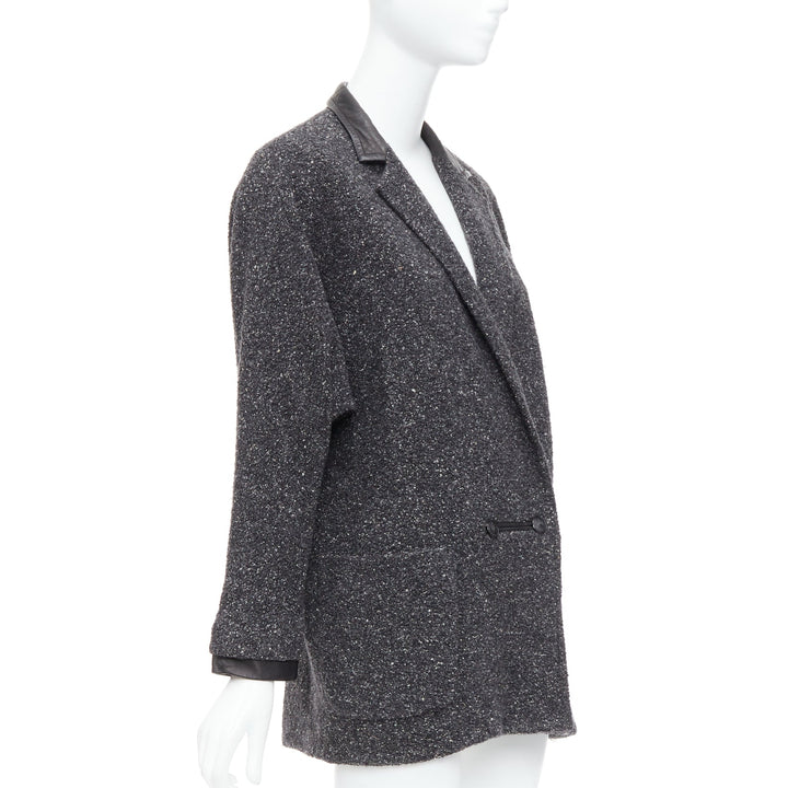 RAG & BONE grey speckle virgin wool blend black leather collar coat US2 S