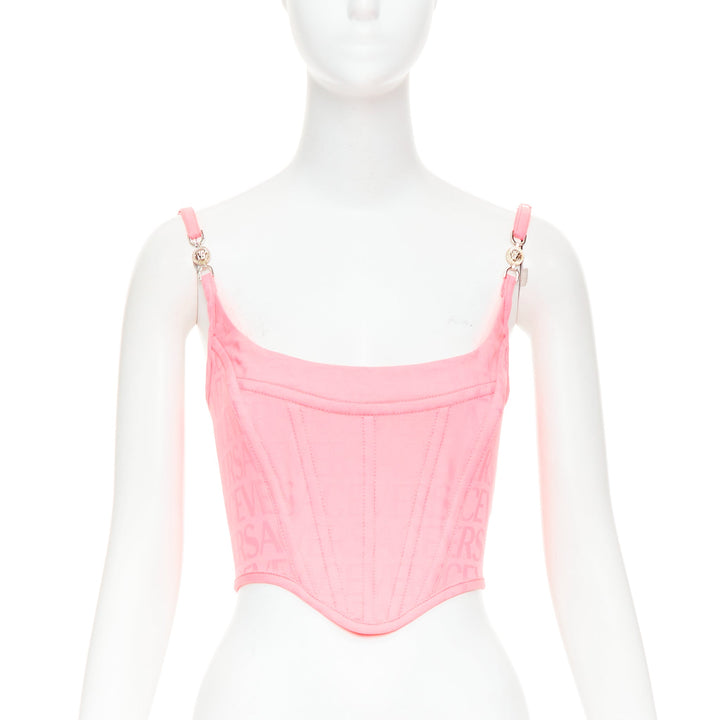 new VERSACE Medusa '95 Pastel Pink monogram boned silver buckle corset IT36 XXS