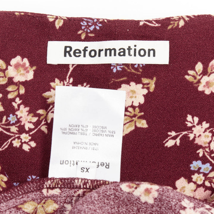 REFORMATION Marlowe burgundy viscose floral print high slit mini dress US0 XS