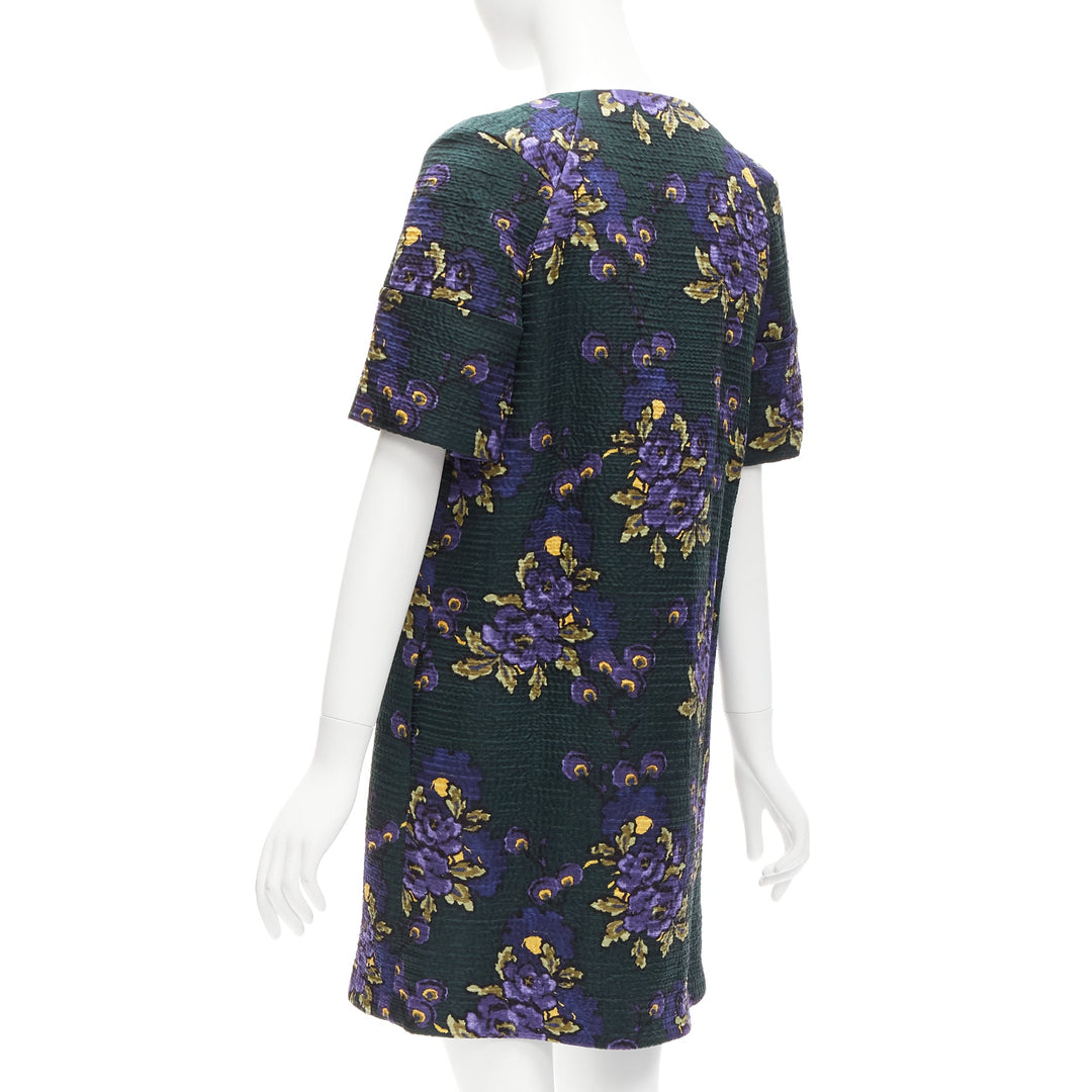 MARNI green purple wool silk cloque floral print zip coat dress IT38 XS