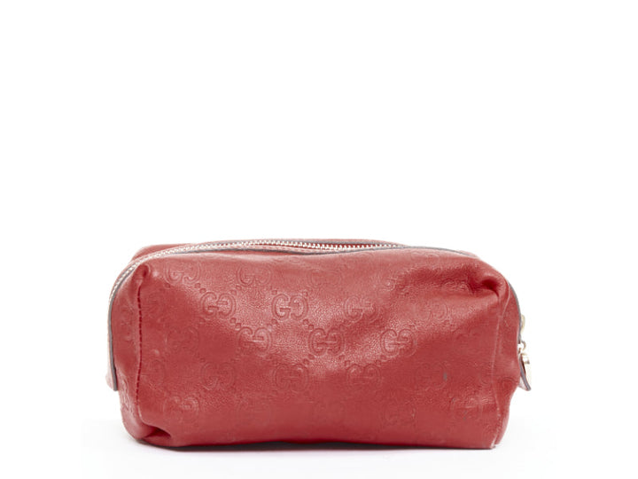 GUCCI Vintage Guccissima red leather GG emboss gold heart zip pouch make up bag