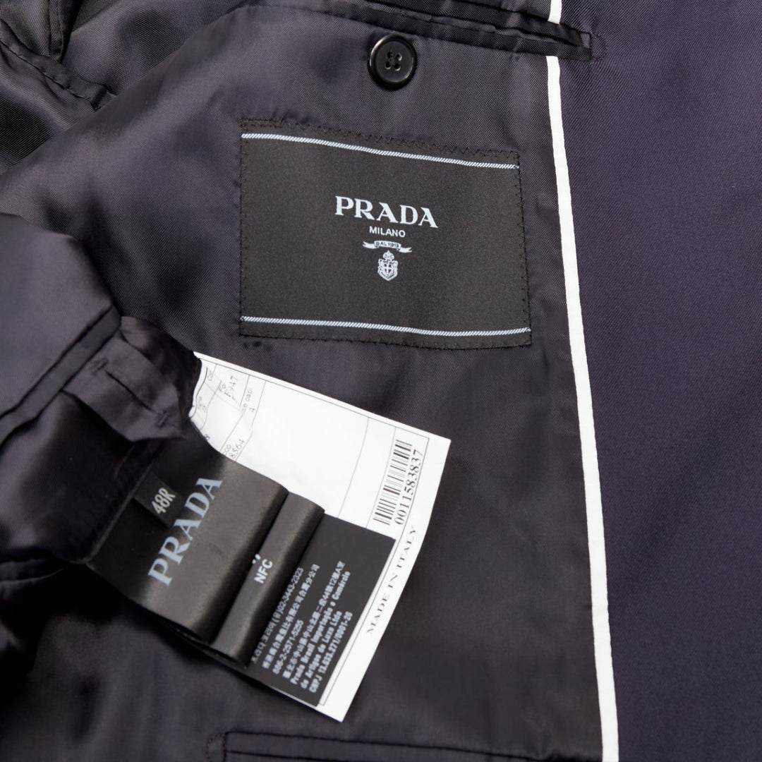 PRADA 2021 100% silk navy tonal triangle patch single breasted blazer IT48 M