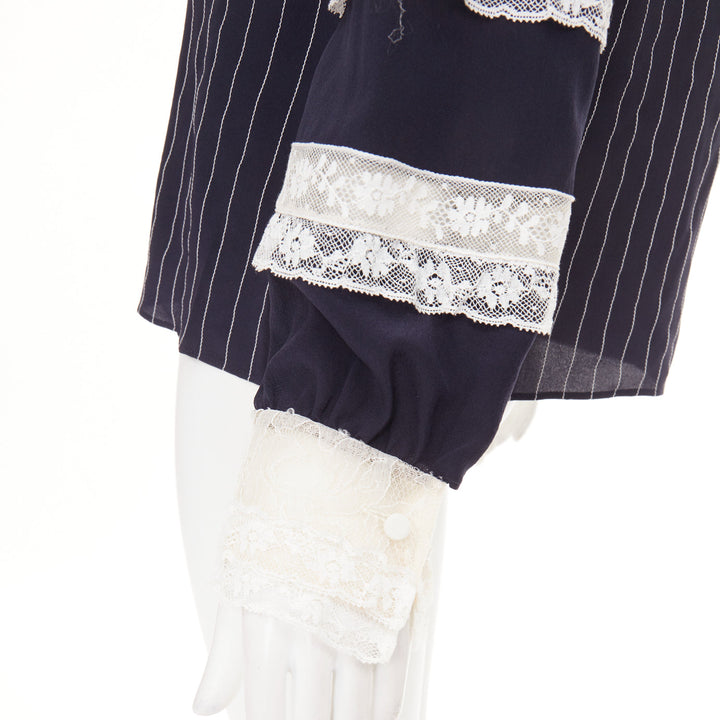 VALENTINO 2015 navy cream 100% silk pinstripe floral lace panelled top IT42 M