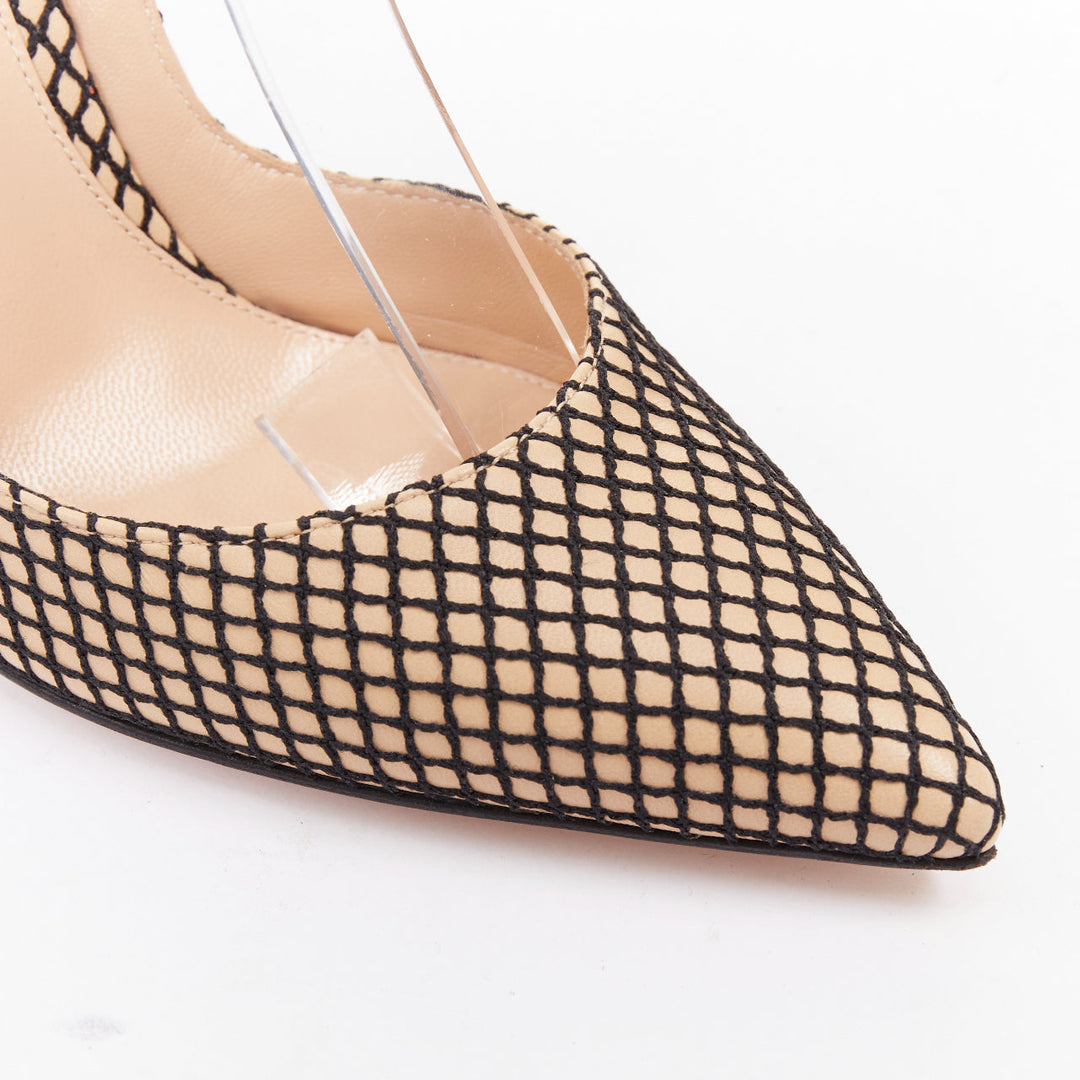 GIANVITO ROSSI Sofia nude nappa black fishnet ankle straps pumps EU37.5