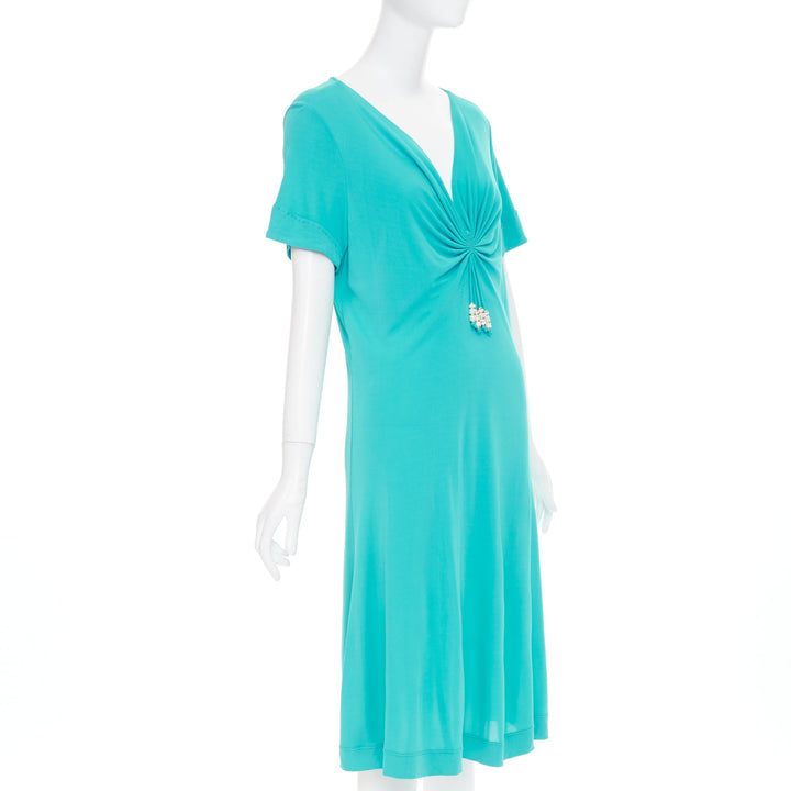 ESCADA Vintage ruched bust turquoise short sleeve beaded jersey dress FR44 XL
