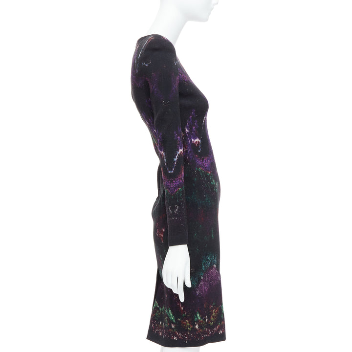 ALEXANDER MCQUEEN 2014 black purple wool feather print sheath dress IT38 XS