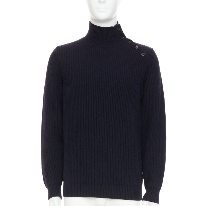 BRIONI 100% cashmere navy leather trim side button sweater IT48 M