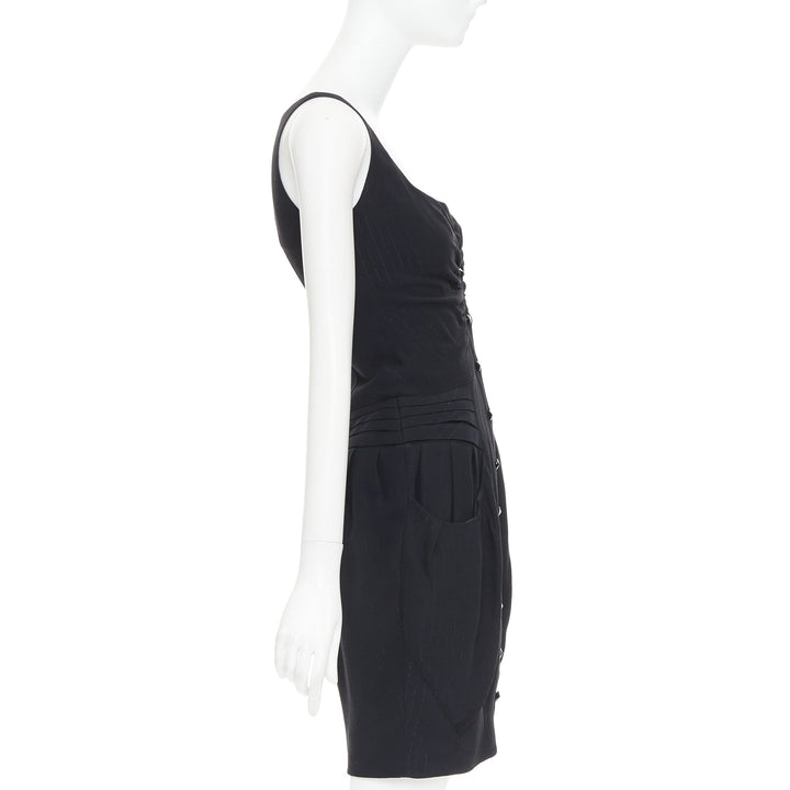 BALMAIN black lurex pinstripe ruched front scoop neck curvy mini dress FR36 S